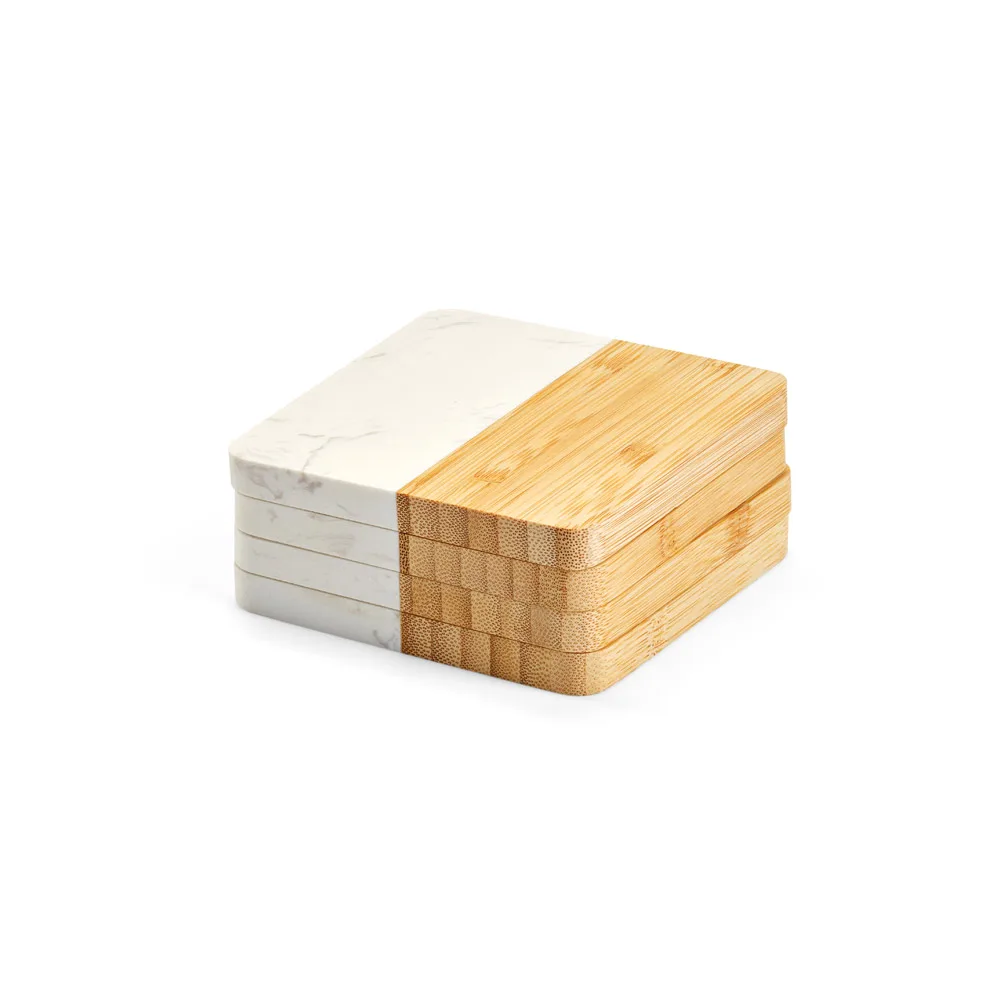 Marboo Cup. Conjunto de 4 Porta Copos em Mármore e Bambu em Formato Quadrado - alternativa